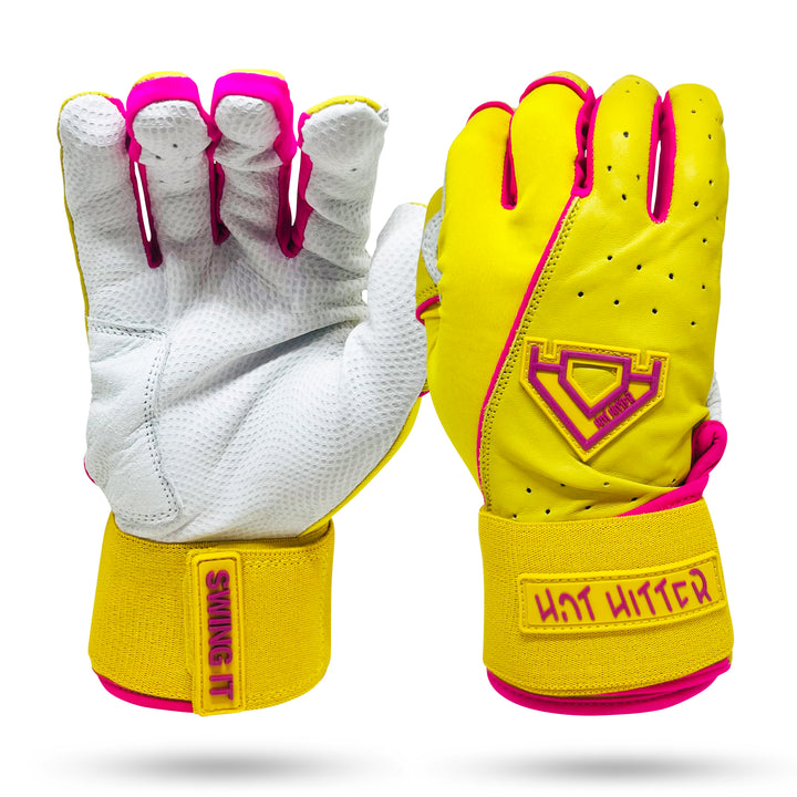 Extra Innings Long Cuff Batting Gloves | Yellow &amp; Pink - Diamond King | Hot Hitter - Baseball Shop