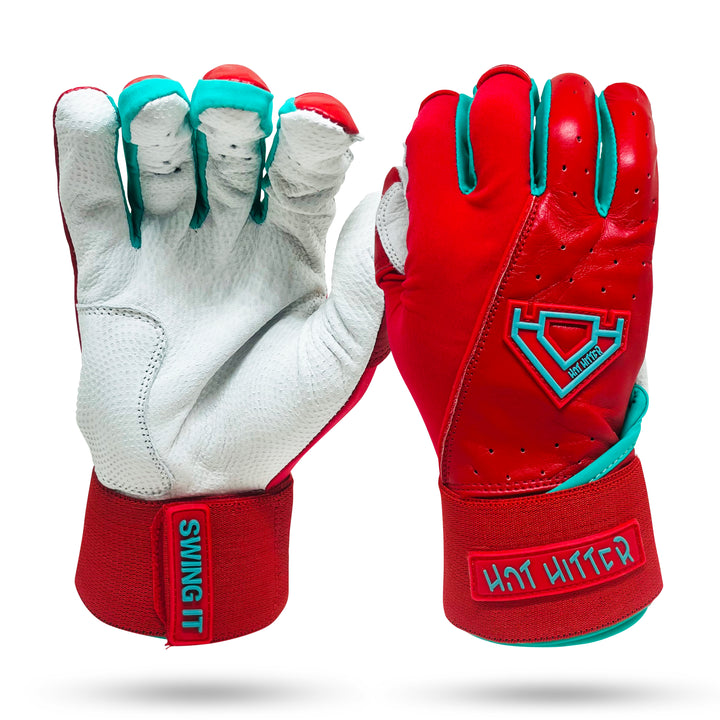 Extra Innings Long Cuff Batting Gloves | Red, Mint &amp; White - Diamond King | Hot Hitter - Baseball Shop