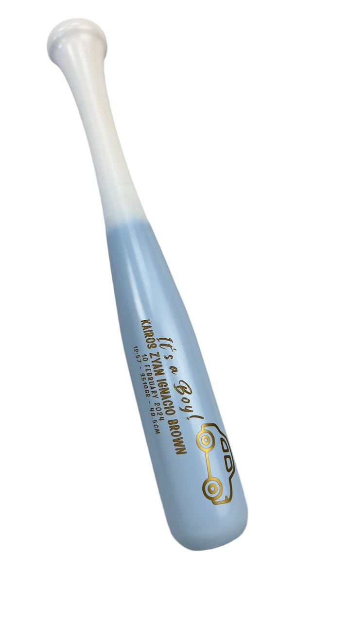 Baby boy birth announcement trophy bat. Carolina blue and white with gold engraving. 